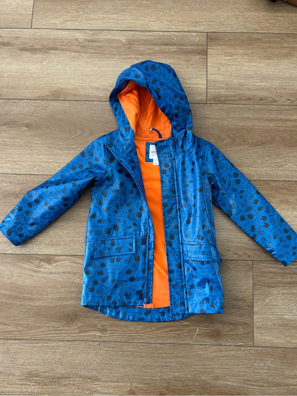 Cat & Jack Blue Hooded Raincoat with Bright Orange Lining- size 5T.